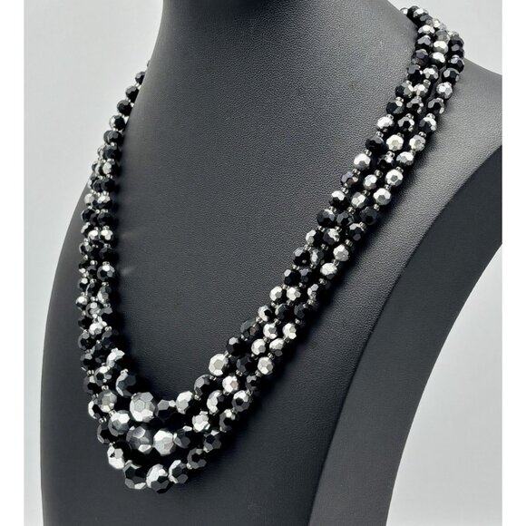 Vintage Necklace Black AB Crystals 3 Strands Adjustable from 18" to 20" Unsigned - Picture 8 of 14
